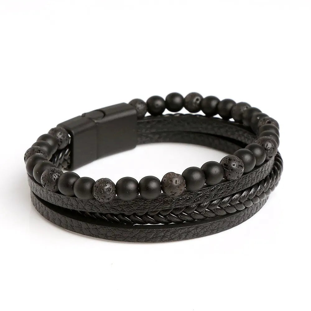 Men Leather Multi-Layer Beaded Bracelet with Tiger Eye - Fashion Jewelry Gift