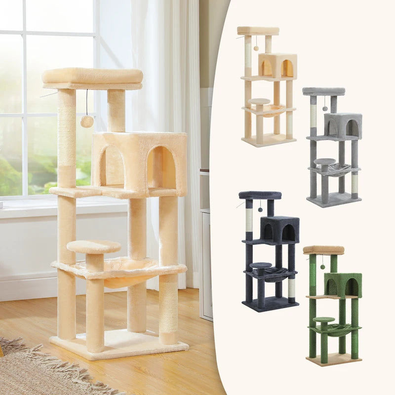 Multi-Level Cat Tree Tower with Scratching Posts, Condo, Hammock & Accessories