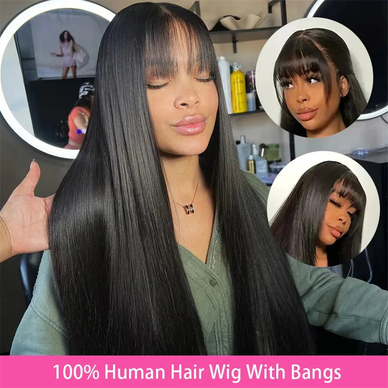 Full Human Hair Wigs for Women - Straight Remy Hair with Bangs, Multiple Lengths