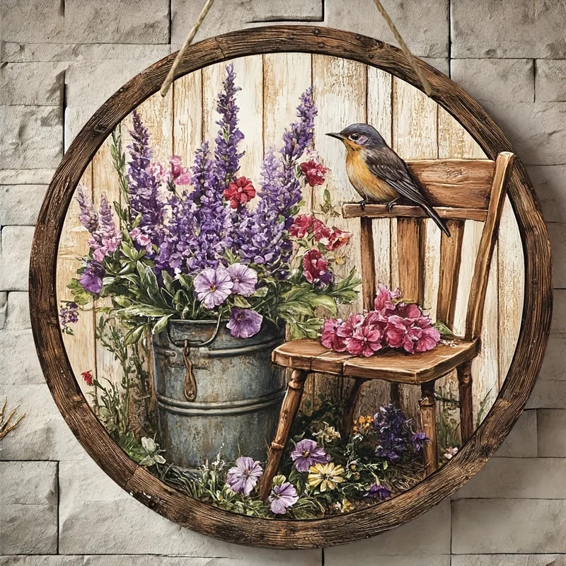 Rustic Wooden Sign with Bird and Flower Murals - 7.87 Inch Home Decor