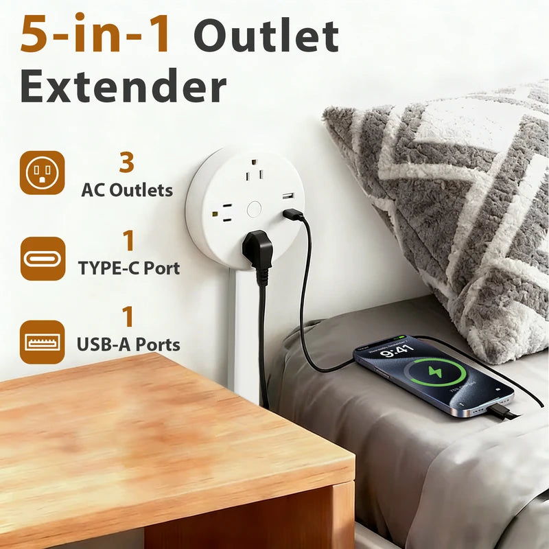 Retractable Power Socket Extender with USB Ports & Adjustable Wall Outlet