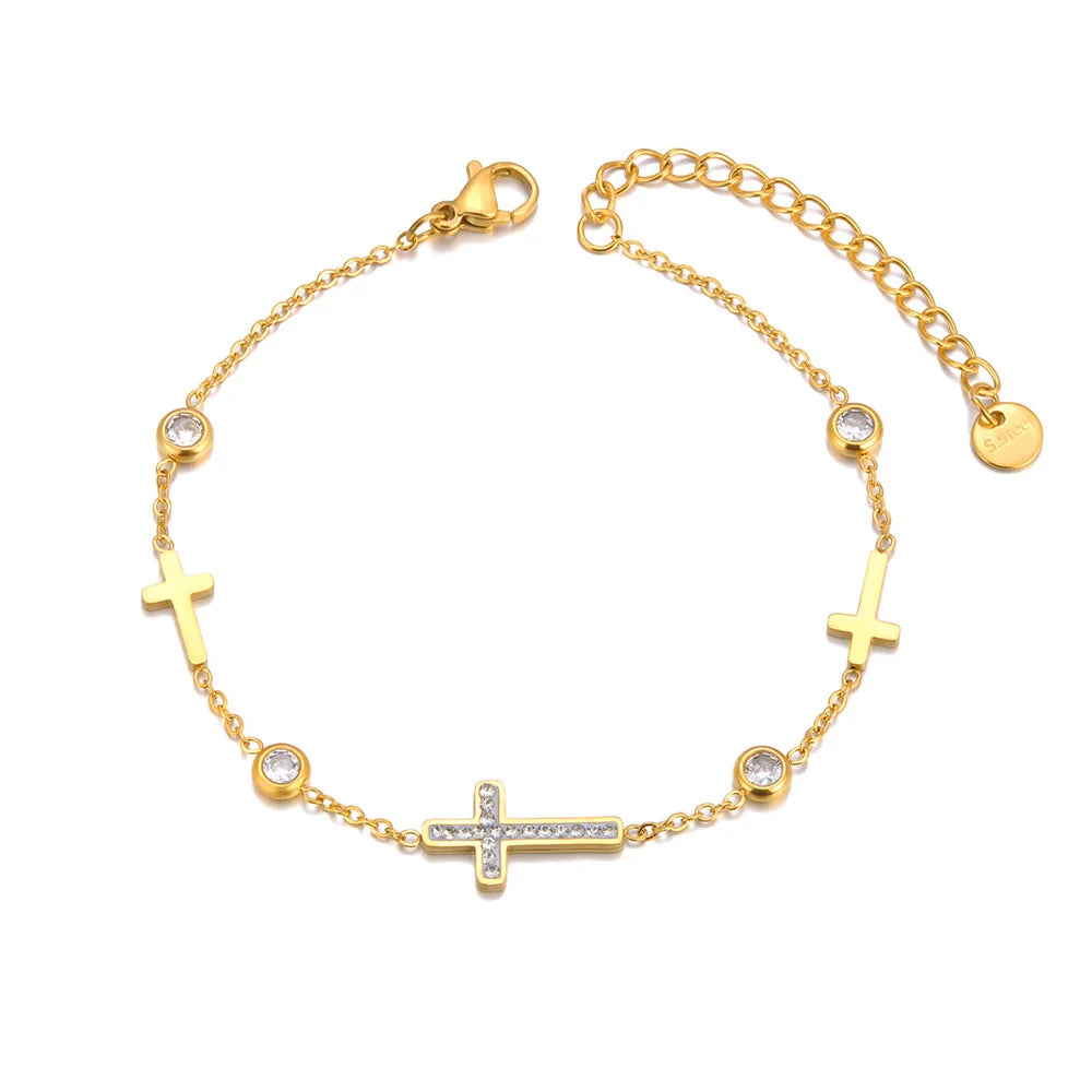 Stainless Steel Cross Charm Bracelet for Women 18K Gold Plated Wedding Jewelry