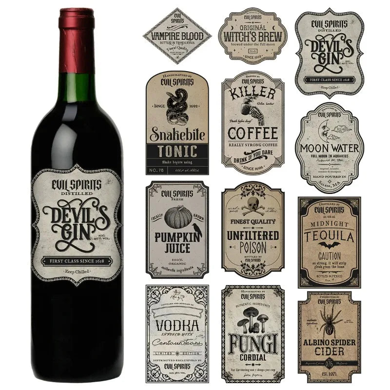 12-Pack Halloween Potion Wine Bottle Labels - Spooky Apothecary Stickers for Haunted House Decor