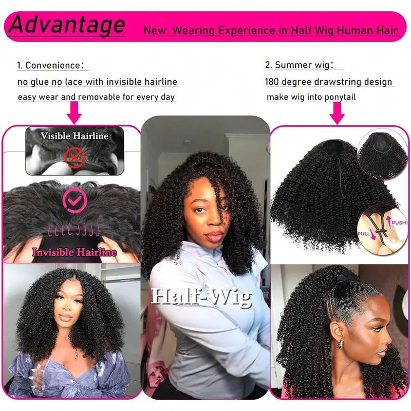 Half Wig Human Hair Kinky Curly Seamless 3-in-1 Clip-In & No Sew Half Wig