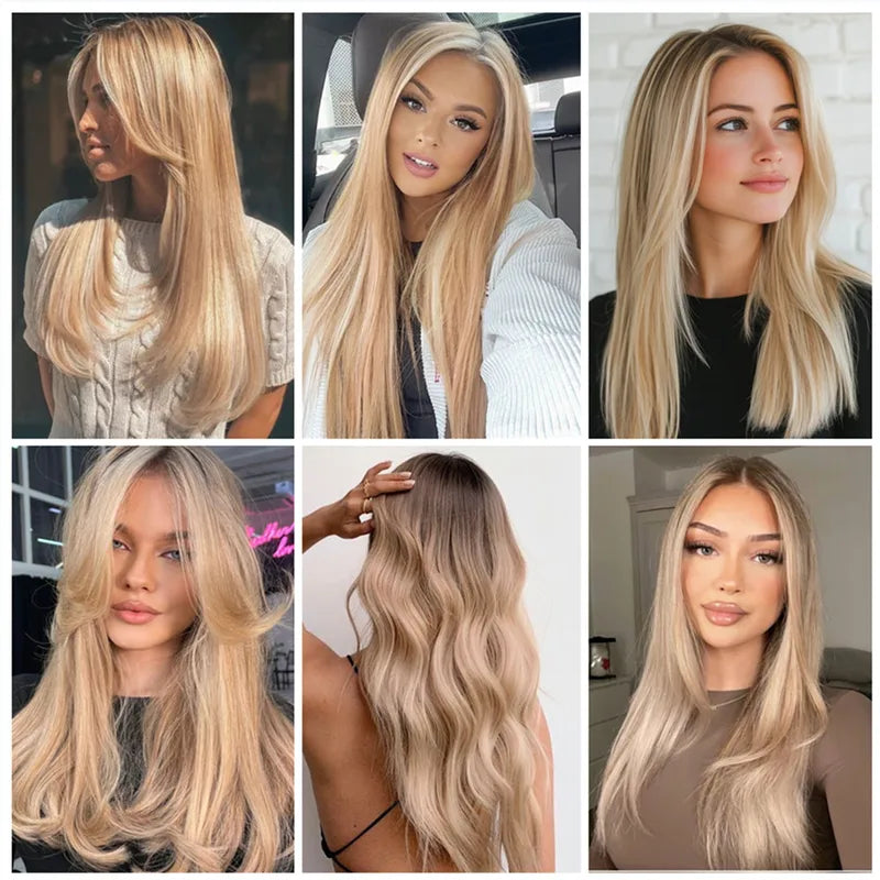 14 Inch Ombre Blonde Layered Hair Topper with Bangs for Women Synthetic Hair with Swiss Base and Clips