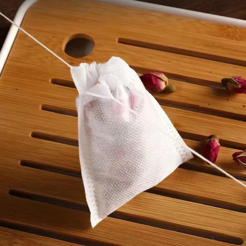 Disposable Tea Filter Bags with Drawstring - 100 Pcs, Food-Grade Material