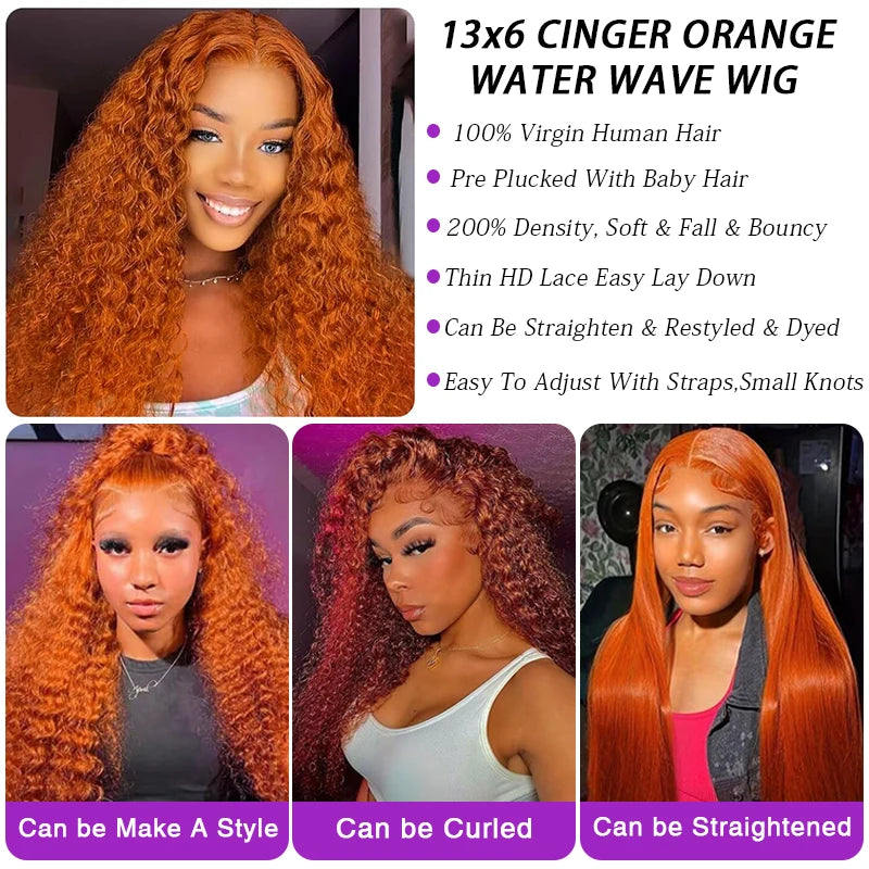 Water Wave & Curly Human Hair Wigs with Lace Front, 30-38 Inch, Multiple Colors & Densities