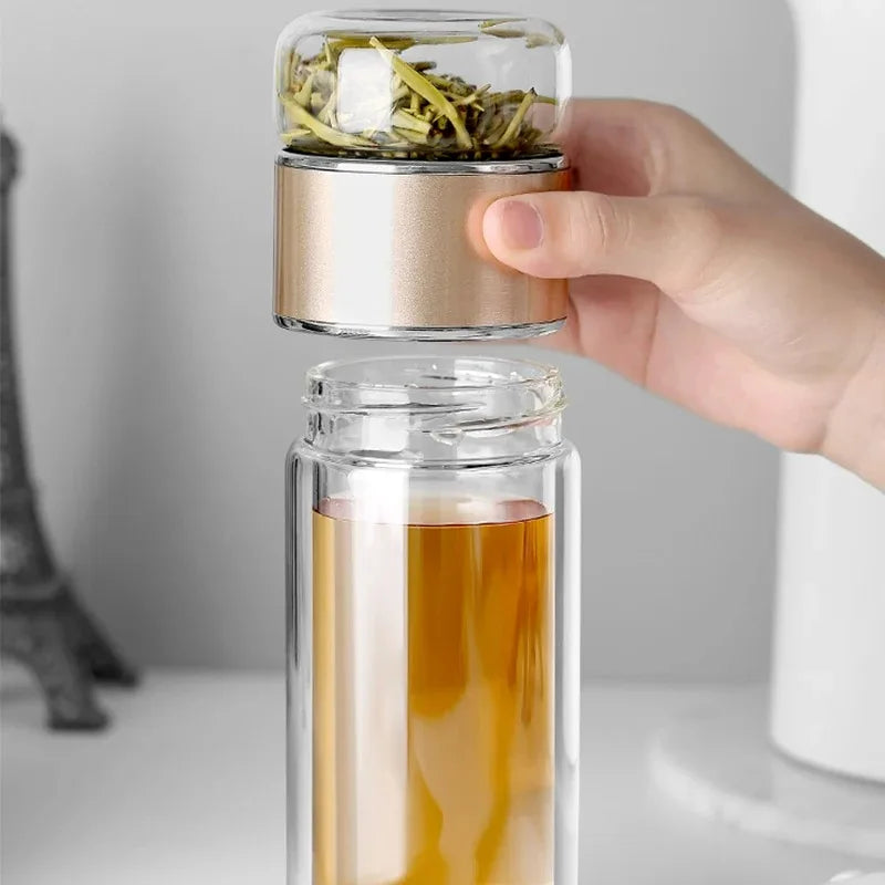 420ML Double Layer Borosilicate Glass Tea Water Bottle with Infuser - Leakproof Drinkware
