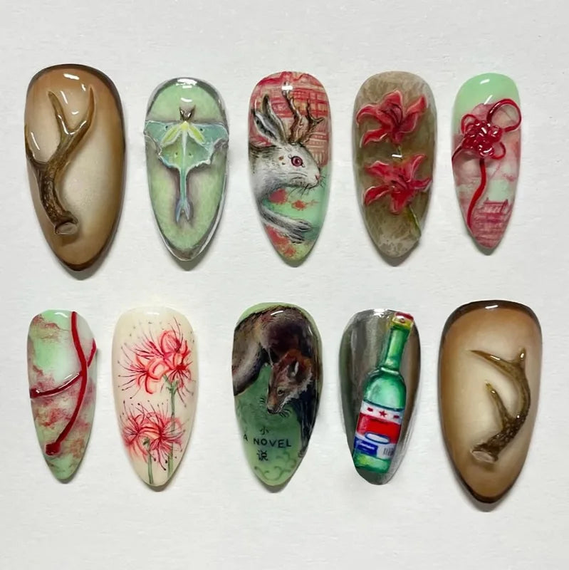24Pcs Vintage Country Style False Nails with Cartoon Lamb Bunny Rose Prints - Press On Nail Art Set