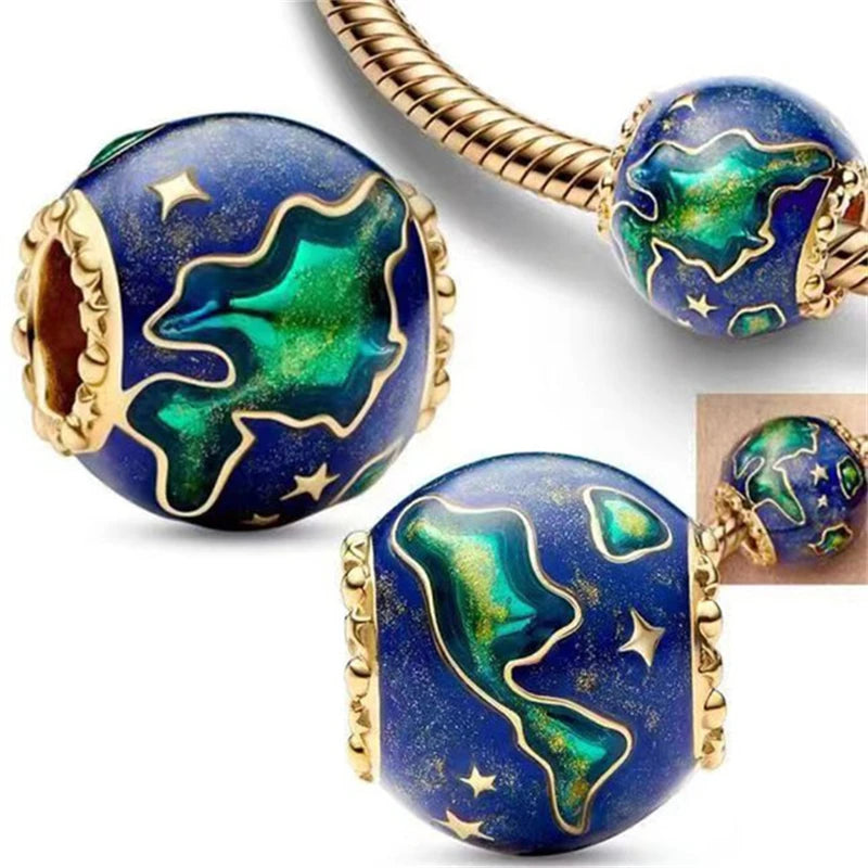 Deep Blue Space Star Moon Charm Beads for DIY Bracelets - Silver 925