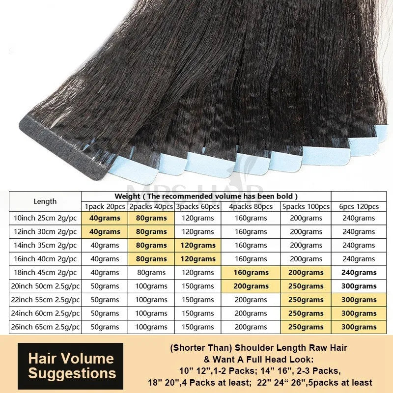 Light Yaki Tape-In Hair Extensions Human Remy Hair 12-26 Inch 20pcs