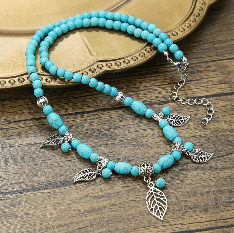 Elegant Turquoise Beaded Necklace for Women with Teardrop Pendant