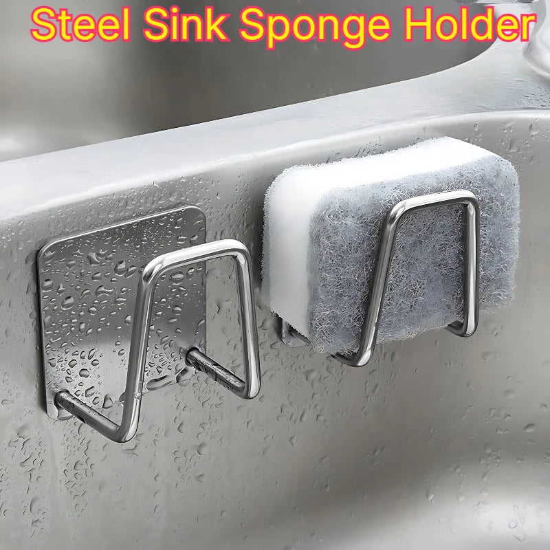 Stainless Steel Sink Sponge Holder Wall-Mounted Kitchen Utensil Organizer