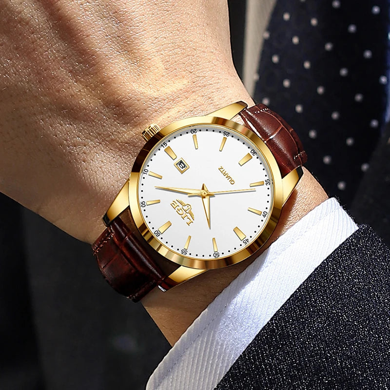 Men's Waterproof Sport Quartz Watch with Leather Strap - Casual Military Style