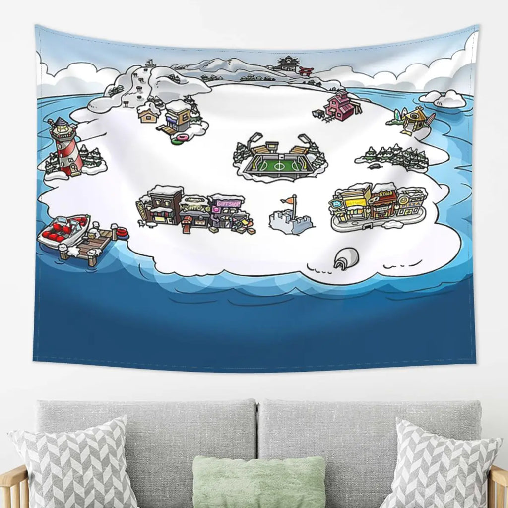 Club Penguin Map Wall Tapestry Decor for Living Room Bedroom Home Wall Hanging