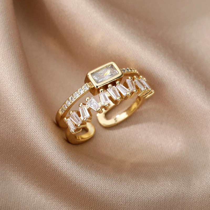 Elegant Irregular Double Layer Zircon Ring for Women Stainless Steel Gold Plated Wedding Open Finger Ring