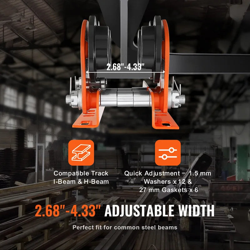 Manual Beam Trolley 2200 lbs Capacity for I-Beams and H-Beams