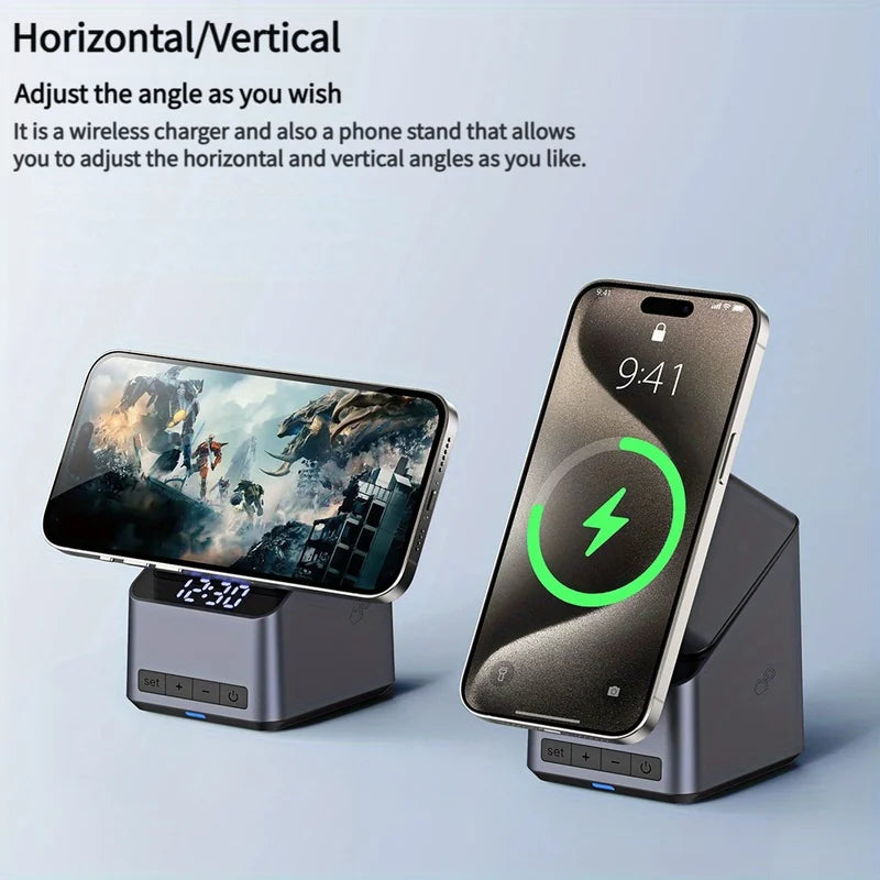 4-in-1 Magnetic Wireless Charger Station with Digital Clock, Fast Charging for iPhone, Apple Watch, AirPods, 180° Rotation