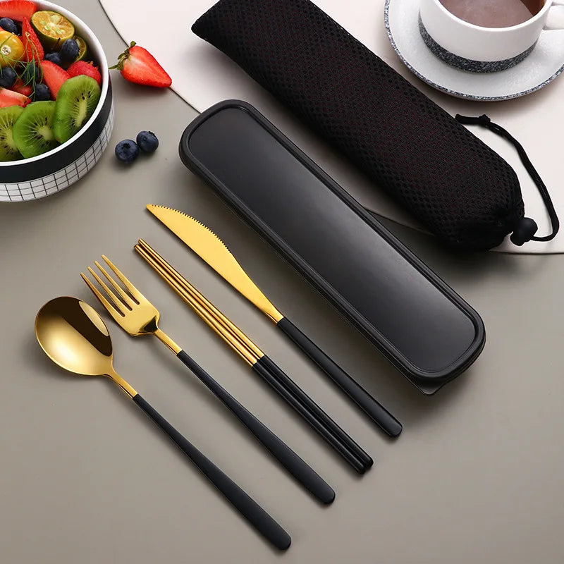 Portable Stainless Steel Flatware Set with Box - Travel Cutlery Dinnerware Kit