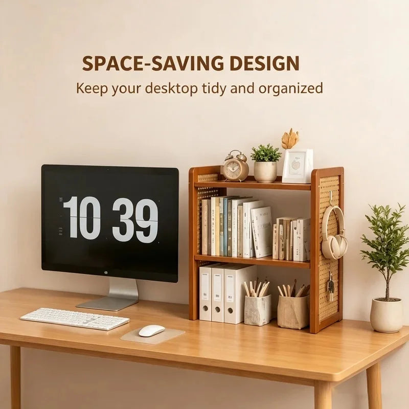Multi-Height Desktop Bookshelf with Rattan Pegboard - Boho Wooden Organizer for Home Office