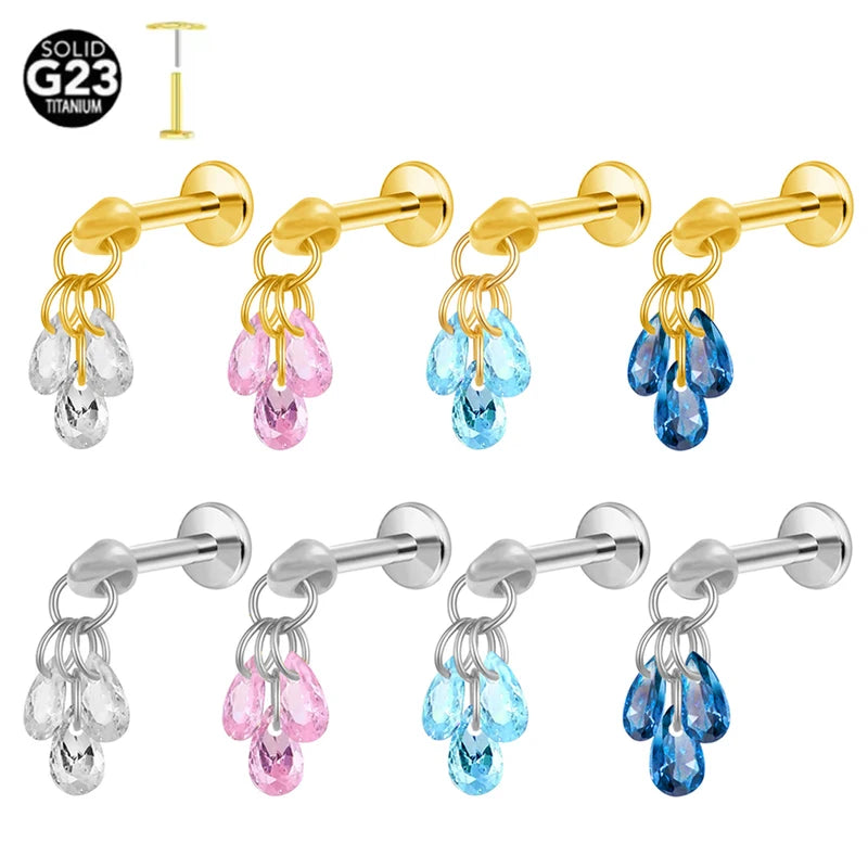 Titanium Zircon Teardrop Earring & Cartilage Piercing Set - Hypoallergenic Labret Studs