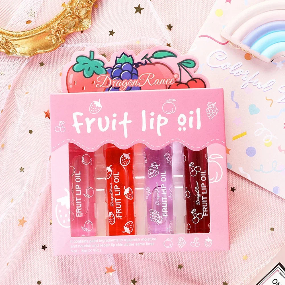 Fruit Lip Oil Set with 4 Tubes - Hydrating & Shiny Lip Moisturizer for Teen Girls