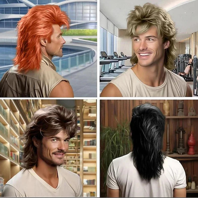 Men's Synthetic Mullet Wig for 70s & 80s Costume Parties - Unisex Cosplay Hairpiece