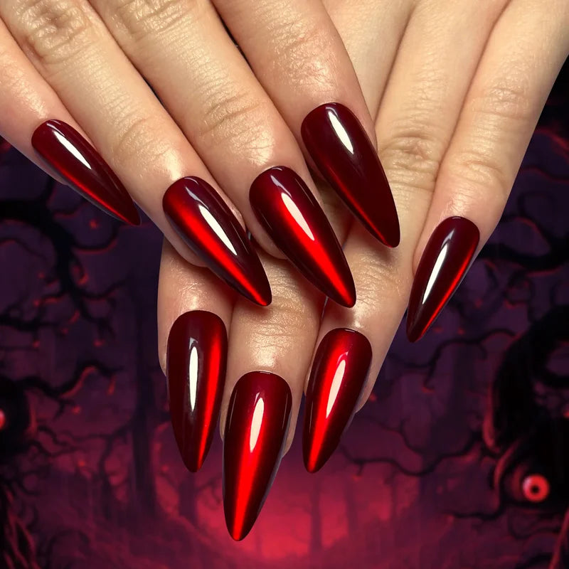 Halloween Sparkling Red Cat Eye Fake Nails - Detachable Press-On Manicure with Glue Wholesale