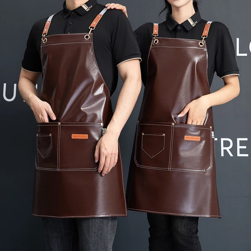 Professional Waterproof Leather Barber Apron with Pockets - Customizable Workwear for Hairdressers and Stylists