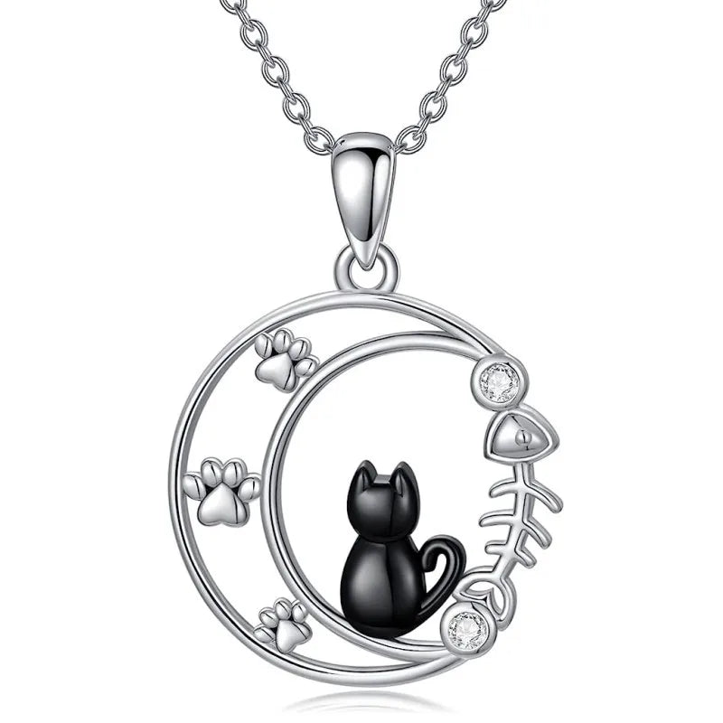 Black Cat Moon Pendant Necklace for Women - Cute Kitten Moonstone Choker Jewelry