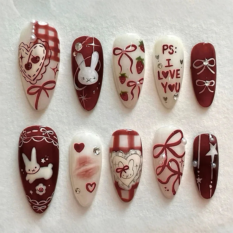 24Pcs Bow Cartoon Rabbit Press-On Nails - Full Cover Almond Fake Manicure Set