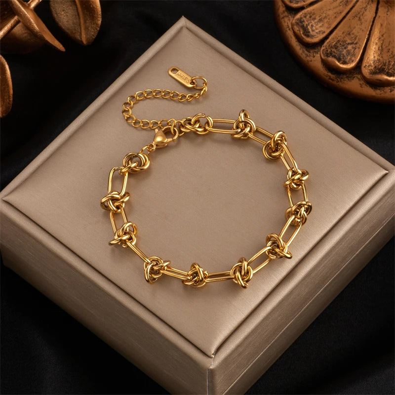 Unisex Twist Knot Necklace and Bracelet Set - Gold Silver Tone Jewelry