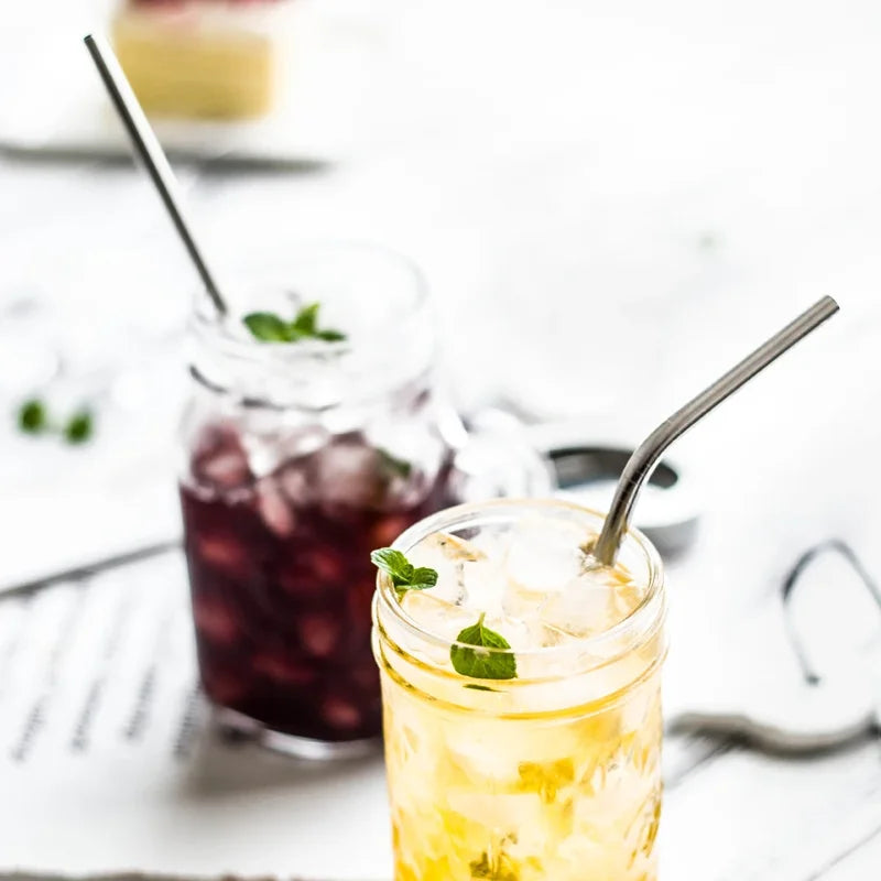 Reusable Metal Drinking Straws Set - 304 Stainless Steel, Bent & Straight with Cleaning Brush