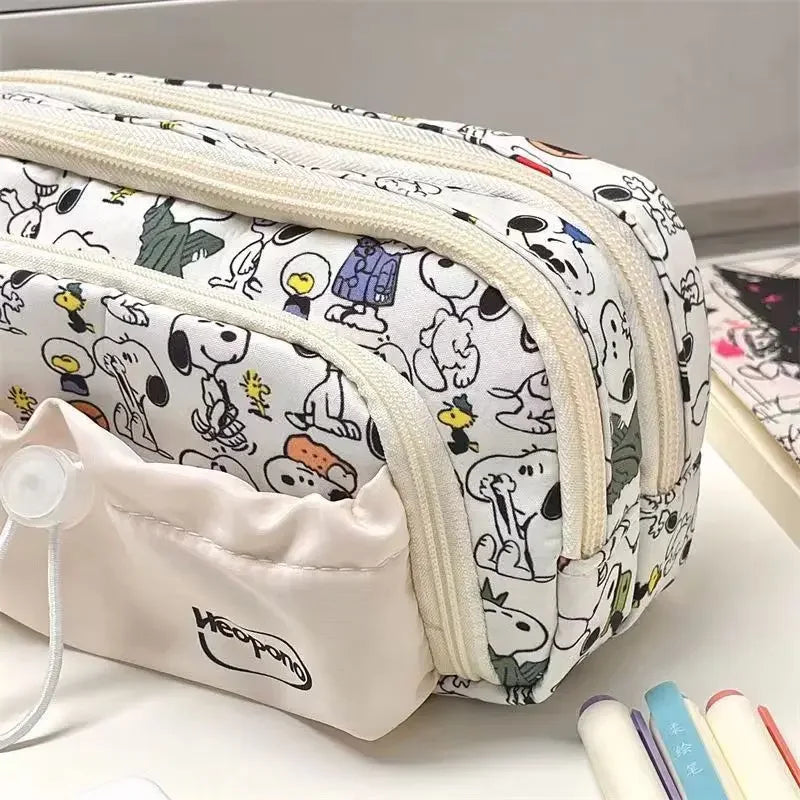 Kids Cartoon Snoopy Pencil Case Multi Layer Canvas Drawstring Pen Bag School Supplies