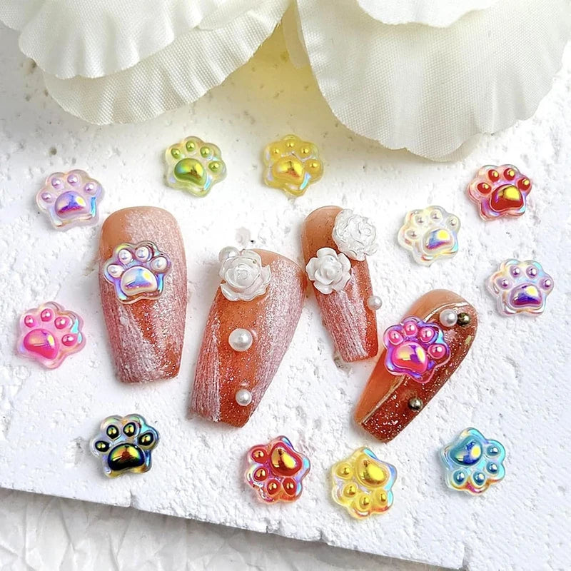 50Pcs Cat Paw Nail Charms Aurora Luminous Animal Paw Nail Art Decorations Cute Resin Flatback DIY