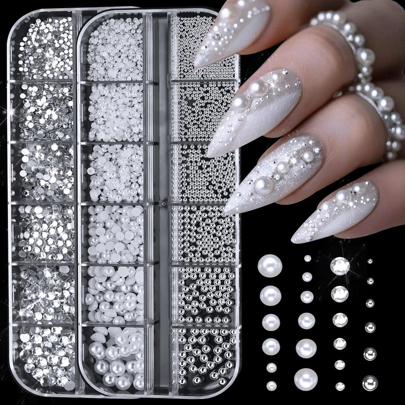 12-Grid Round Pearl White Nail Rhinestones and Caviar Beads for Nail Art