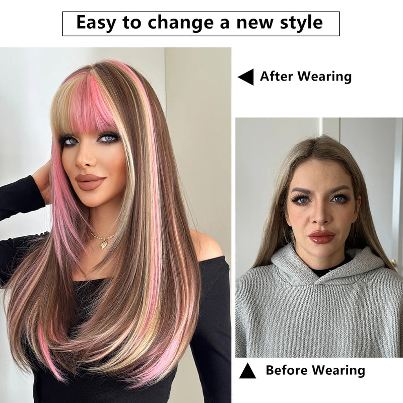 Colorful Long Straight Wig for Women with Bangs - Natural Look, Heat-Resistant Synthetic Hair
