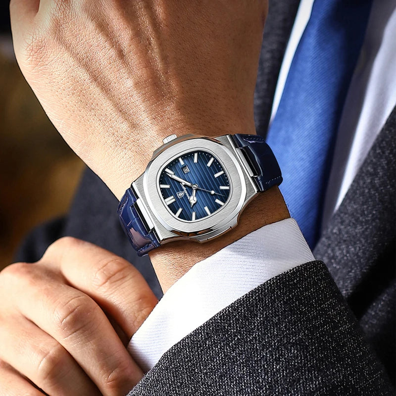 Luxury Men’s Square Waterproof Luminous Business Wristwatch with Leather Strap