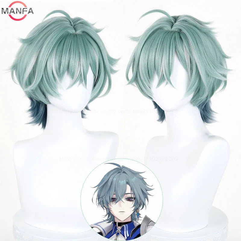 Anime Cosplay Wig for Genshin Impact Lohen Light Green & Blue Short Synthetic Heat-Resistant Hair Wig + Cap