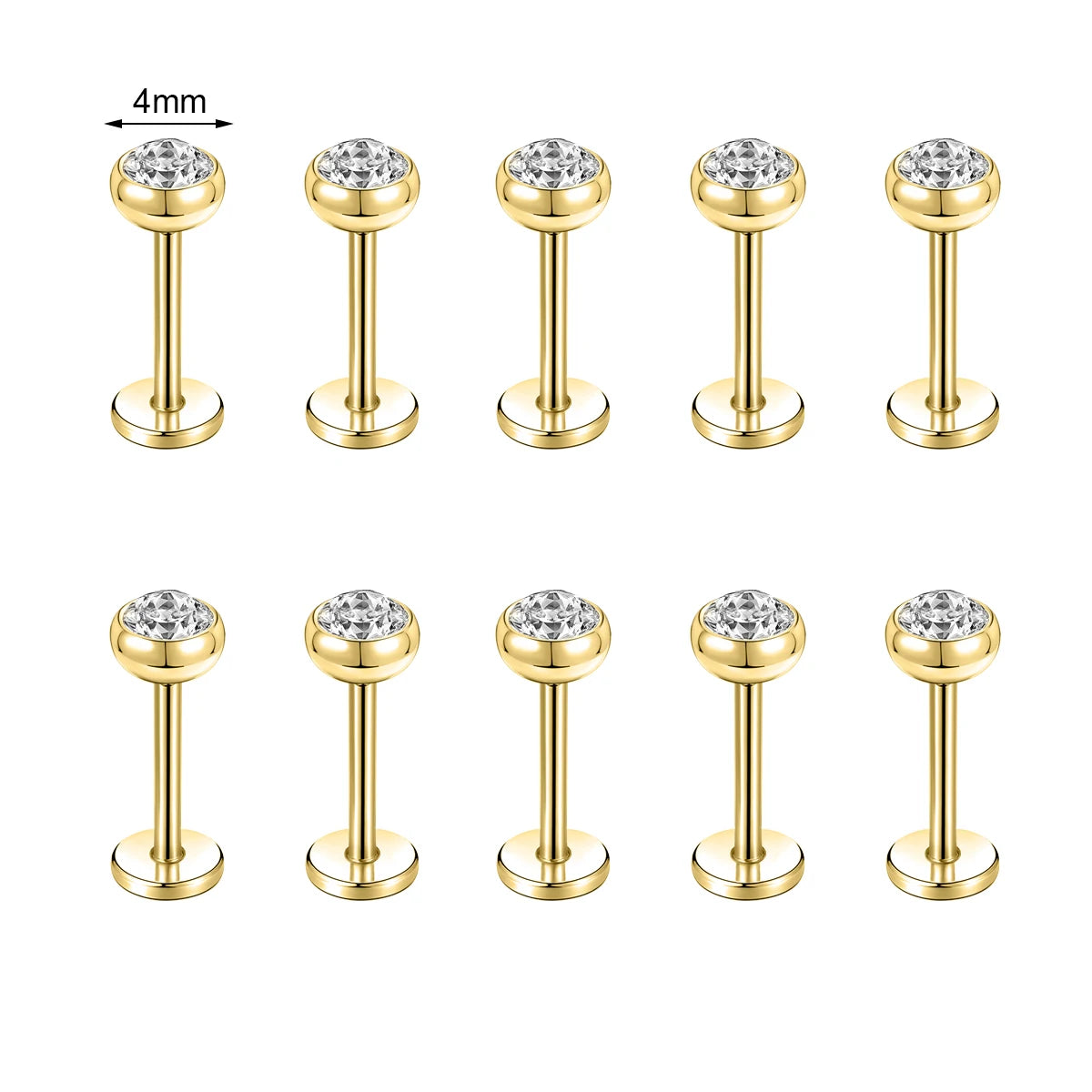 10 Pcs Stainless Steel Lip Piercing Set with CZ Crystals, 6/8/10MM - Men & Women