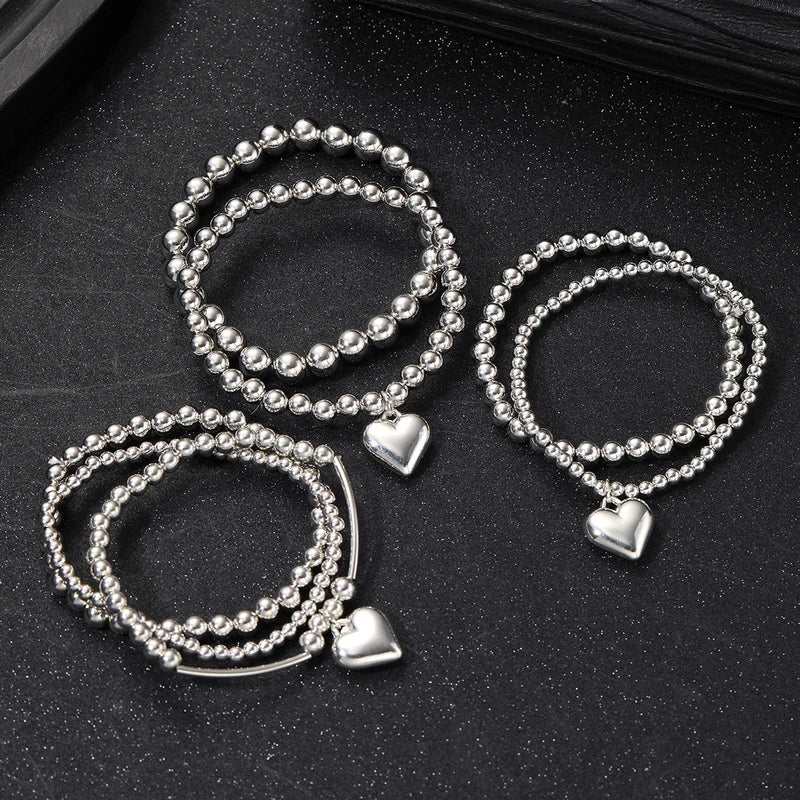 7-Piece Heart Charm Beaded Bracelet Set for Women Vintage Multi-Layer Jewelry Gift