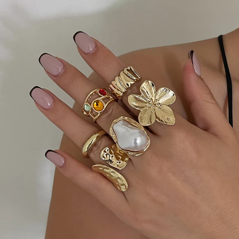 Elegant Irregular Metal Flower Open Rings Set with Imitation Pearls for Women