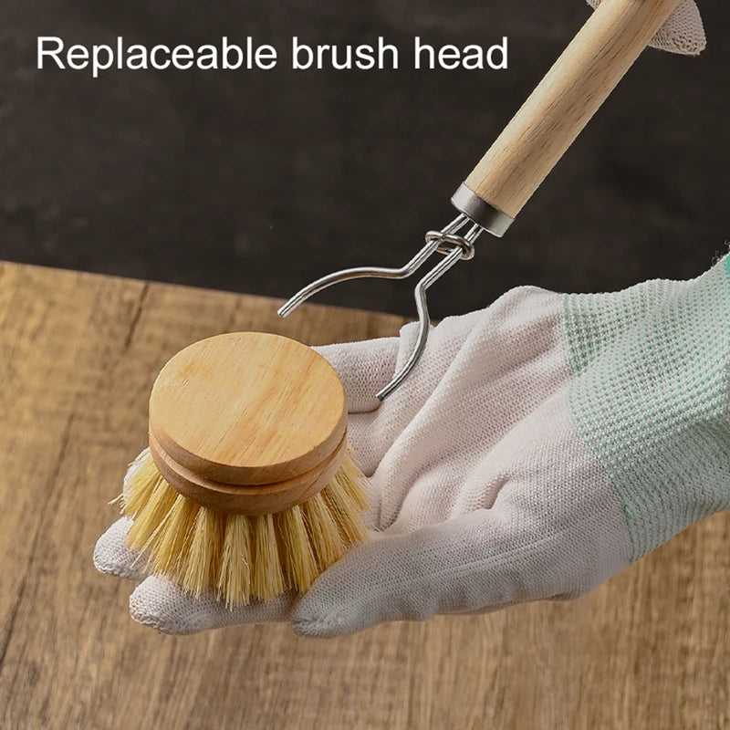 Replaceable Wooden Handle Dish Brush for Stain Removal Kitchen Cleaning Tool
