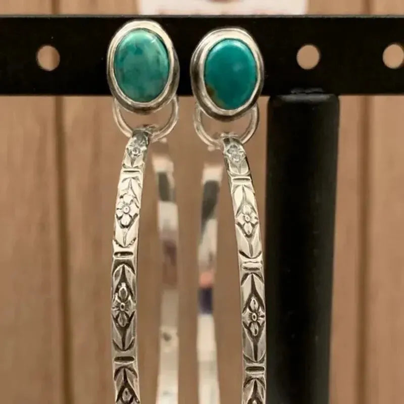 Vintage Metal Circle Earrings with Red Stone Bohemian Jewelry for Women
