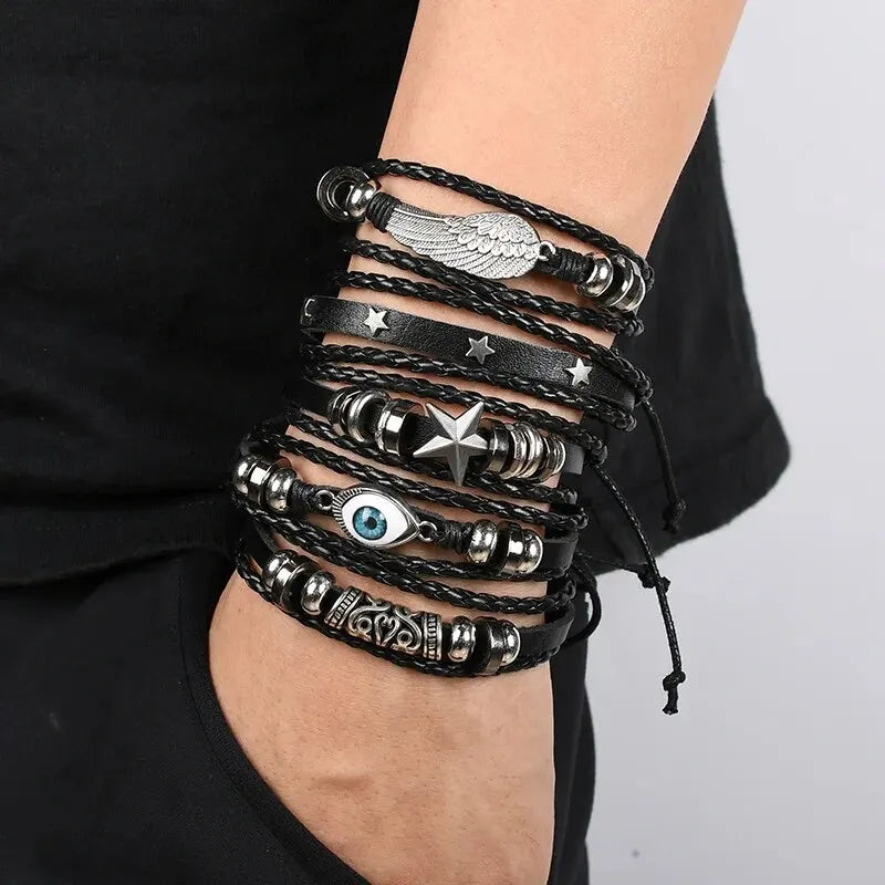Evil Eye Wing Star Punk Style Leather & Bead Bracelet Set - 5pcs