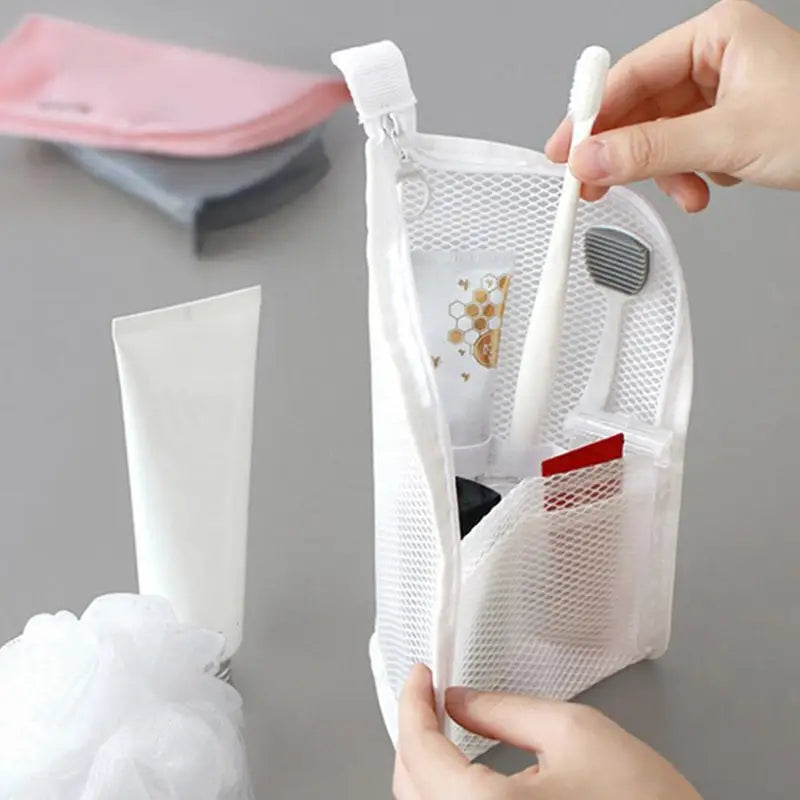 Clear Mesh Cosmetic Bag for Travel and Makeup Organization with Zipper Closure