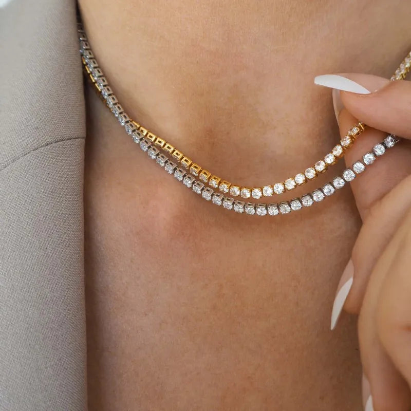 Gold Plated Stainless Steel Tennis Bracelets & Necklaces Set Women Zirconia CZ Jewelry