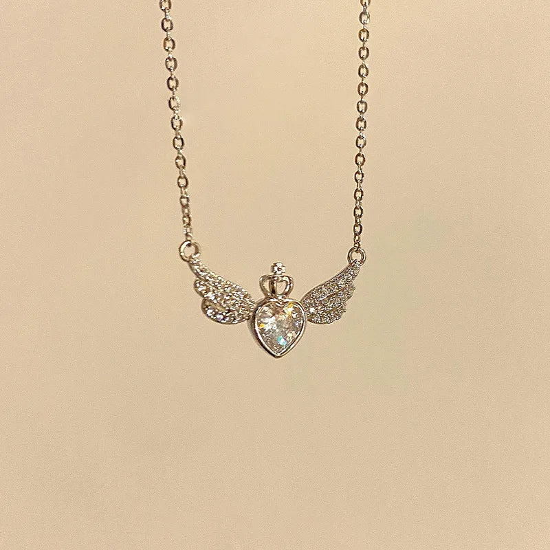 Zircon Necklace with Crown Heart Angel Wings Pendant Stainless Steel Jewelry