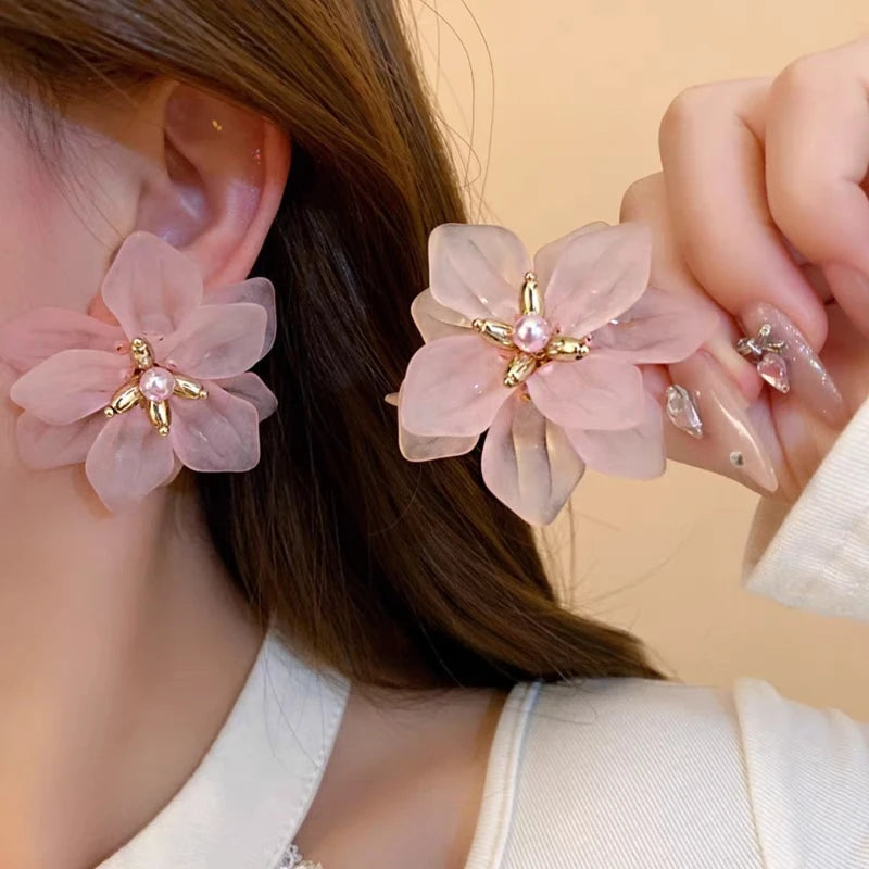 Pink Translucent Flower Petal Stud Earrings for Women - Summer Jewelry Accessories