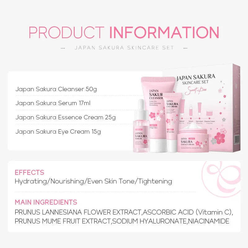 Sakura Skin Care Set with Cleanser, Serum, Eye Cream, Face & Essence Cream - Gift for Women